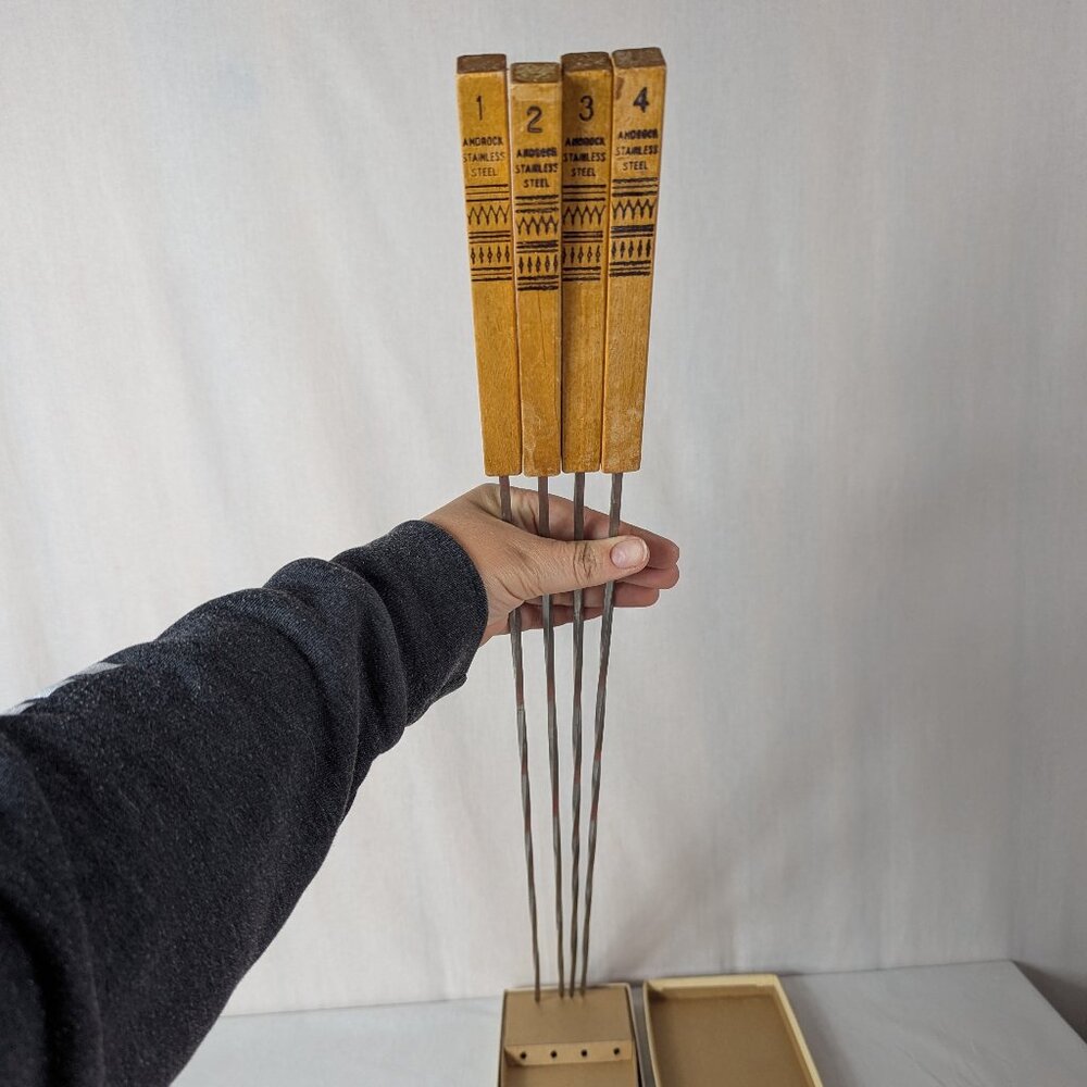 Androck Skewers Set Vintage MCM Shish Kebab Wood Handle 30" BBQ Grill Orig Box